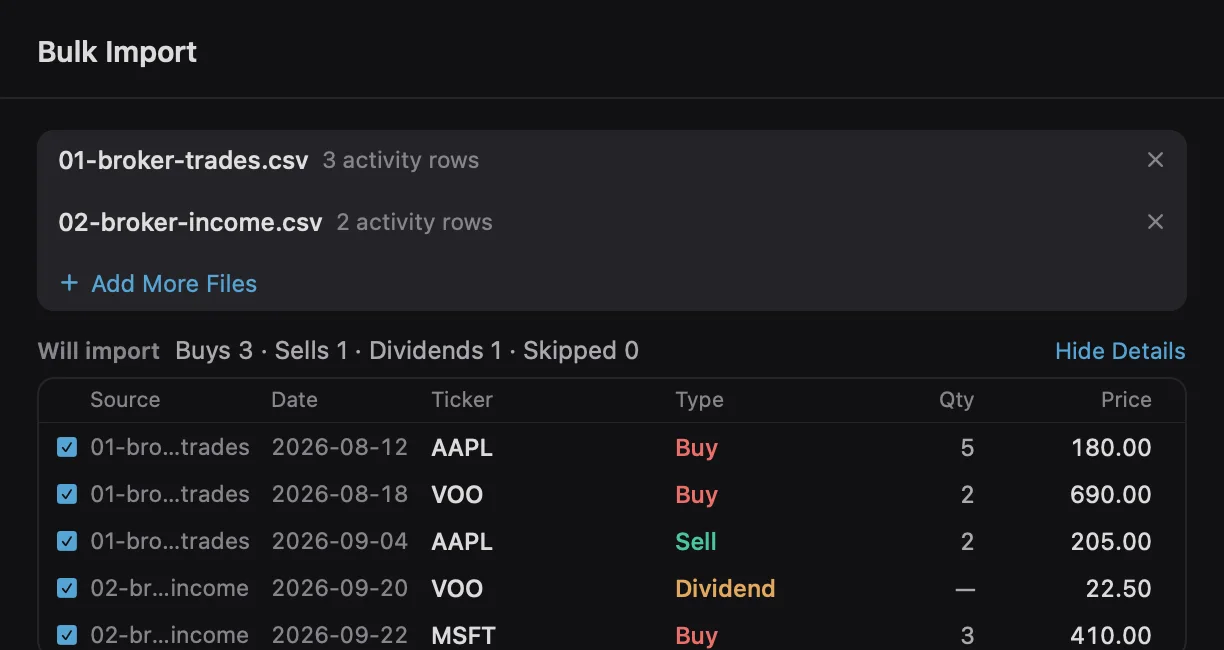 Bulk import window with two CSV files and transactions