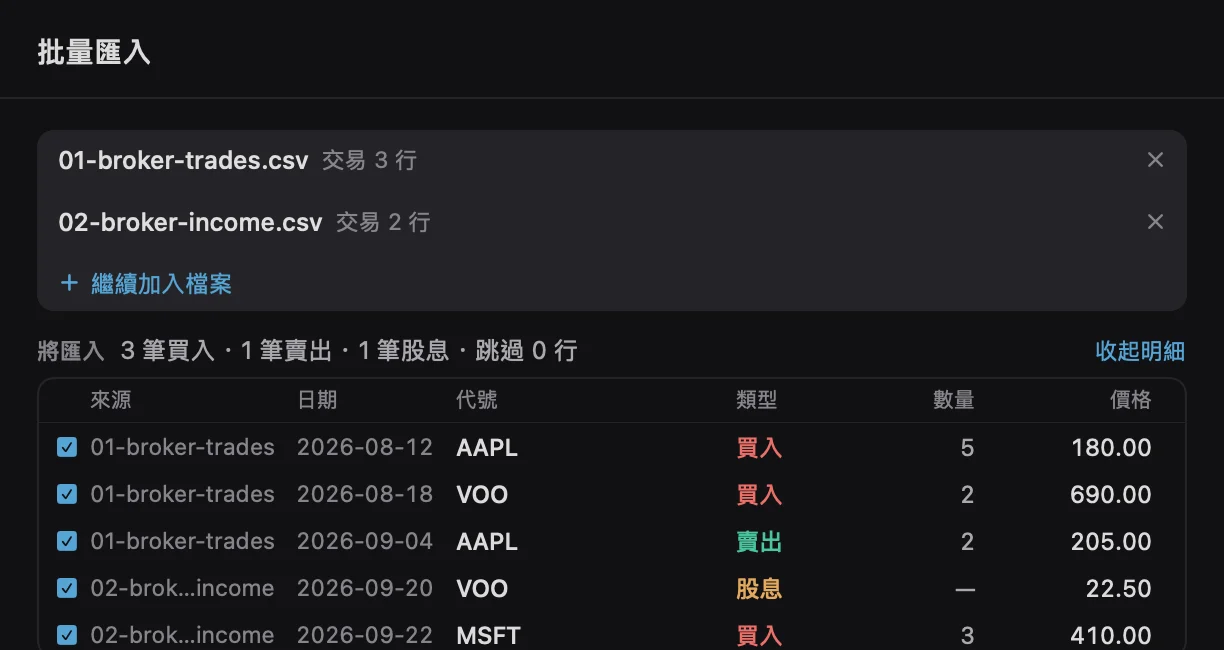批量匯入視窗顯示兩個 CSV 檔案與待匯入交易