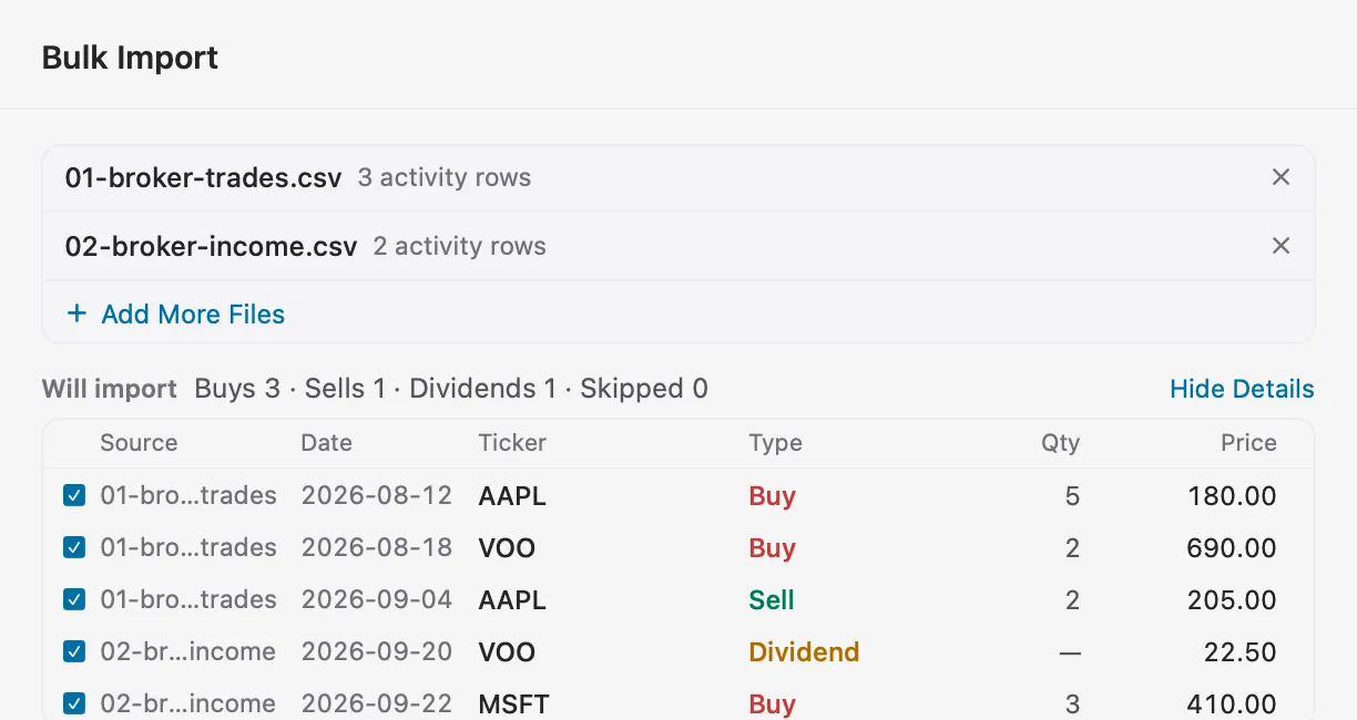 Bulk import window with two CSV files and transactions